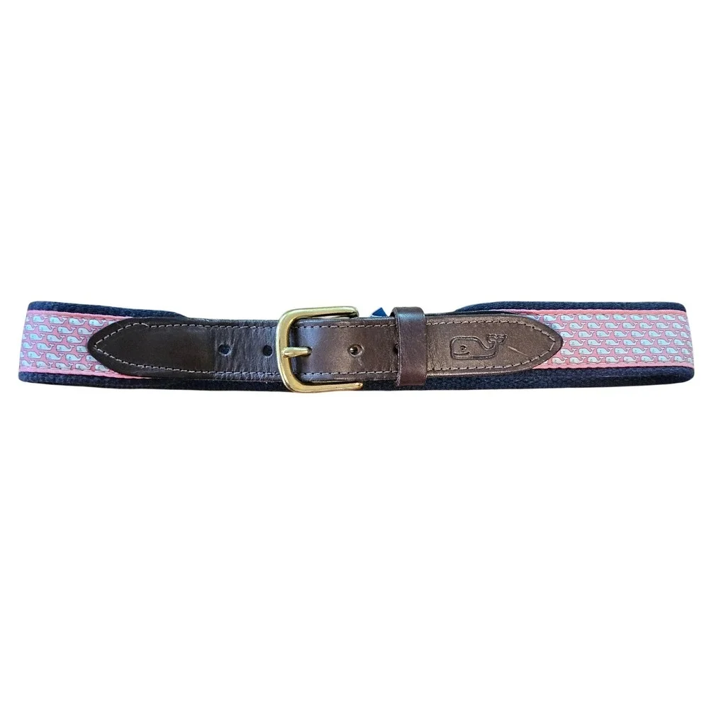 Vineyard Vines Kids Navy Pink Whale Canvas Club Belt Leather Brass Size 24 USA